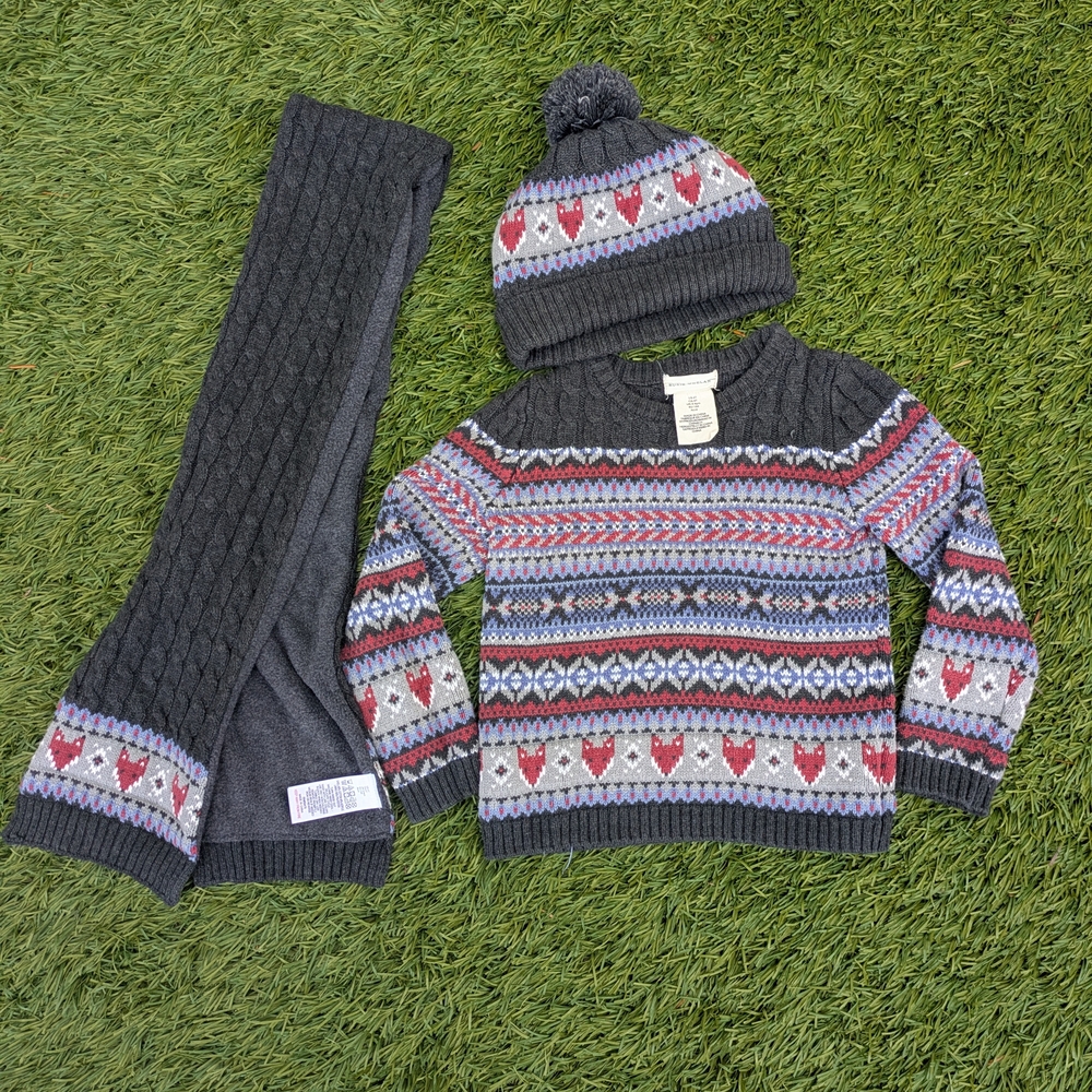 Cozy Kids' Knit Sweater and Hat Set - Gray and Red